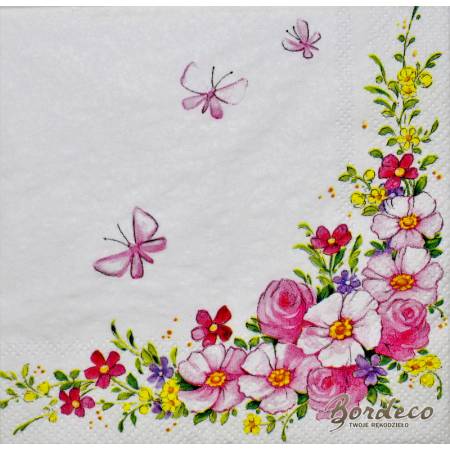 Serwetka do decoupage firmy HOME FASHION kwiaty w rogu 25x25cm